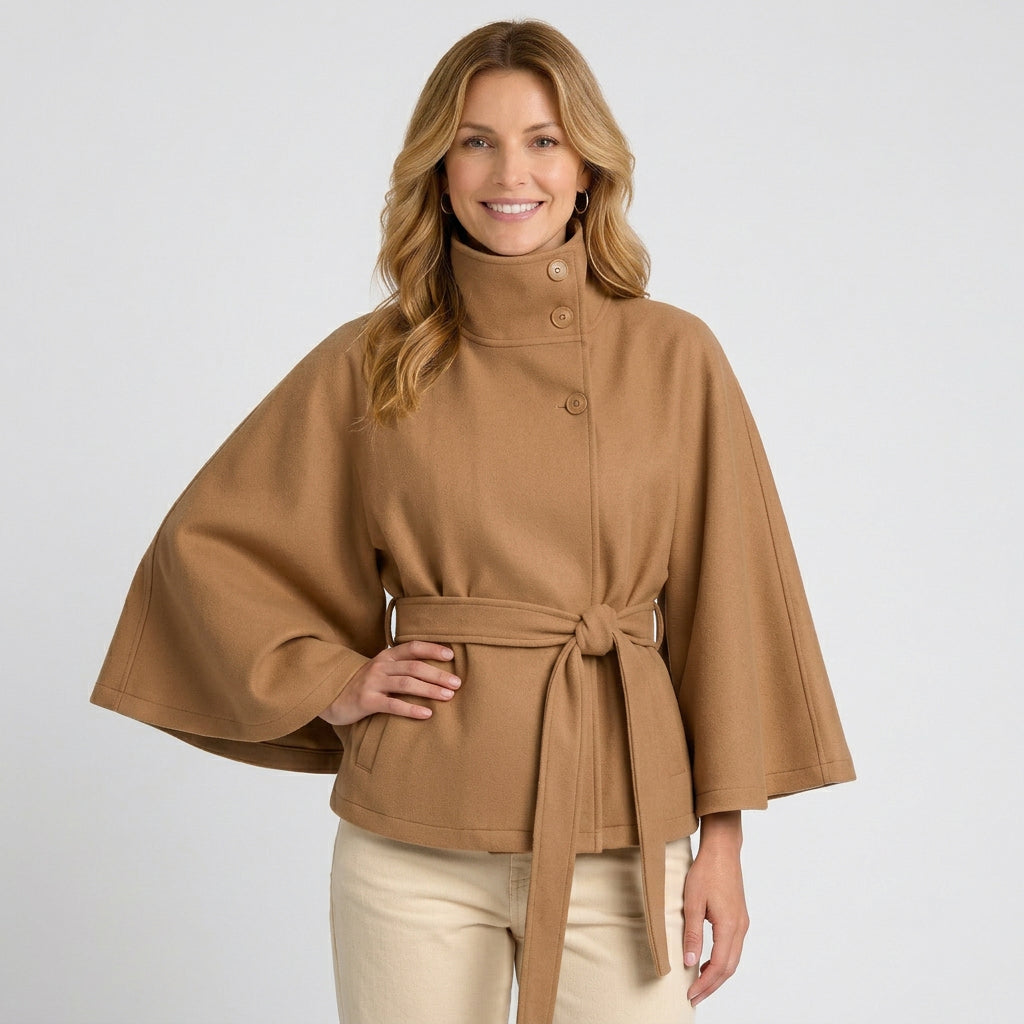 Women’s High Collar Cape Jacket – Button Front Cropped Style