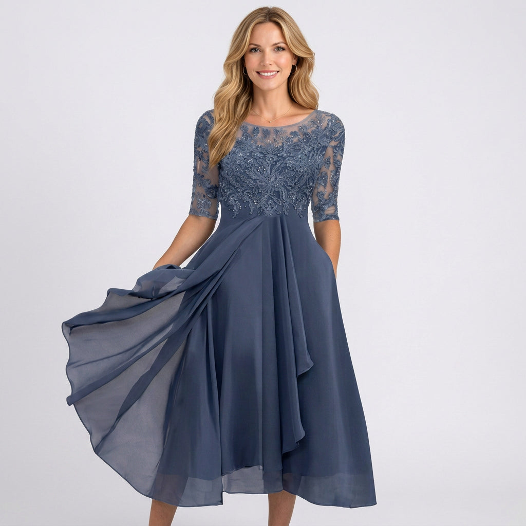 Lace Bodice Midi Dress – Sheer Sleeve Occasion Style