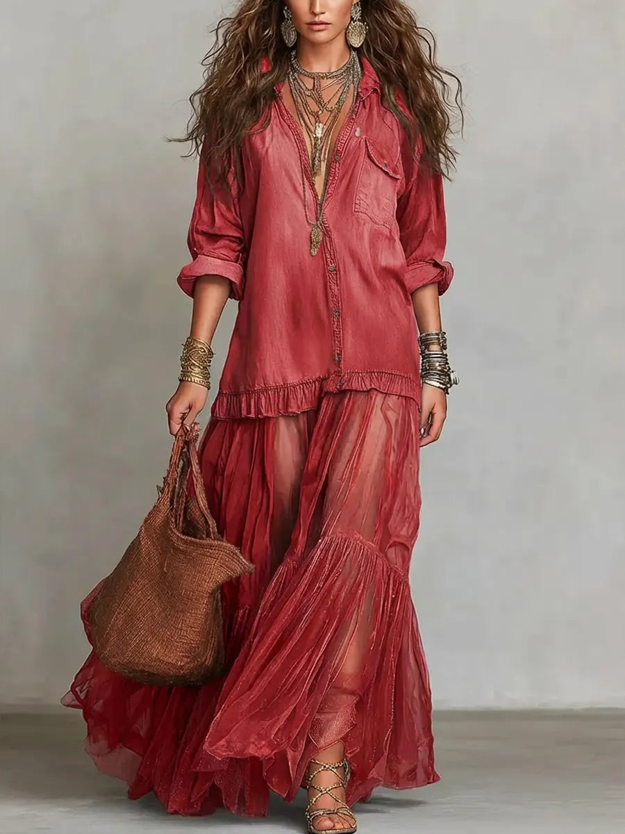 Women's Denim Bodice Sheer Tiered Maxi Dress