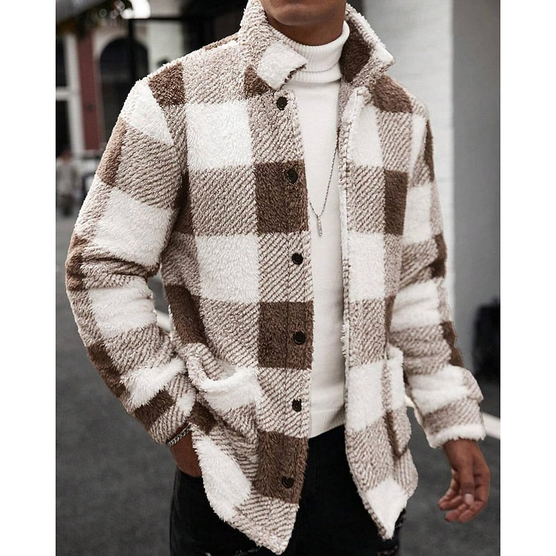 Men’s Plaid Fleece Notch Lapel Jacket