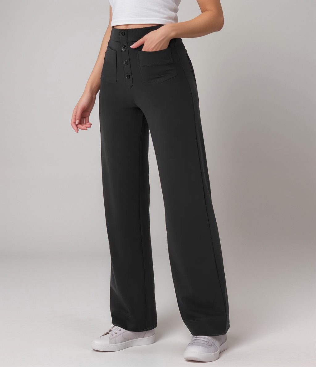 High-Waisted Wide Leg Trousers with Button Front
