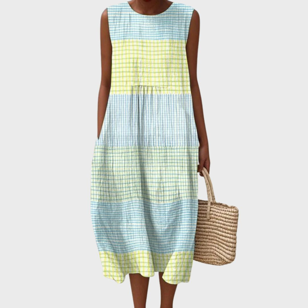 Colour Block Gingham Sleeveless Midi Dress
