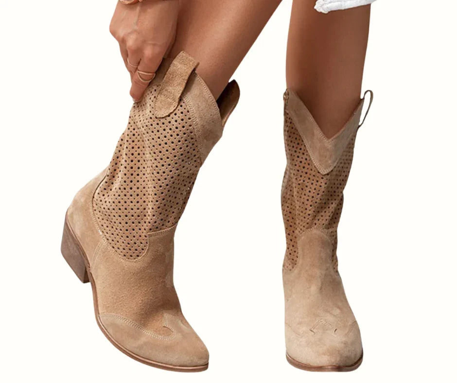 Perforated Western Block Heel Mid-Calf Boots
