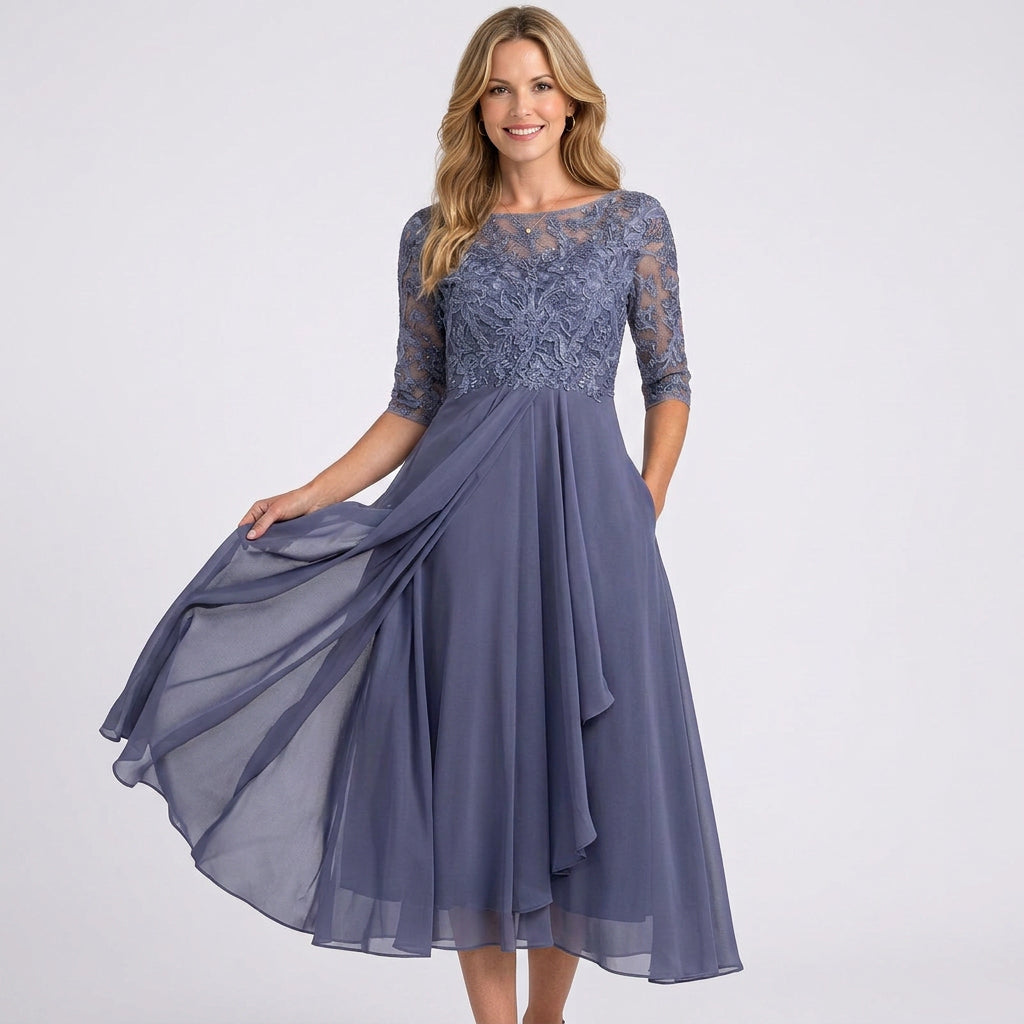 Lace Bodice Midi Dress – Sheer Sleeve Occasion Style