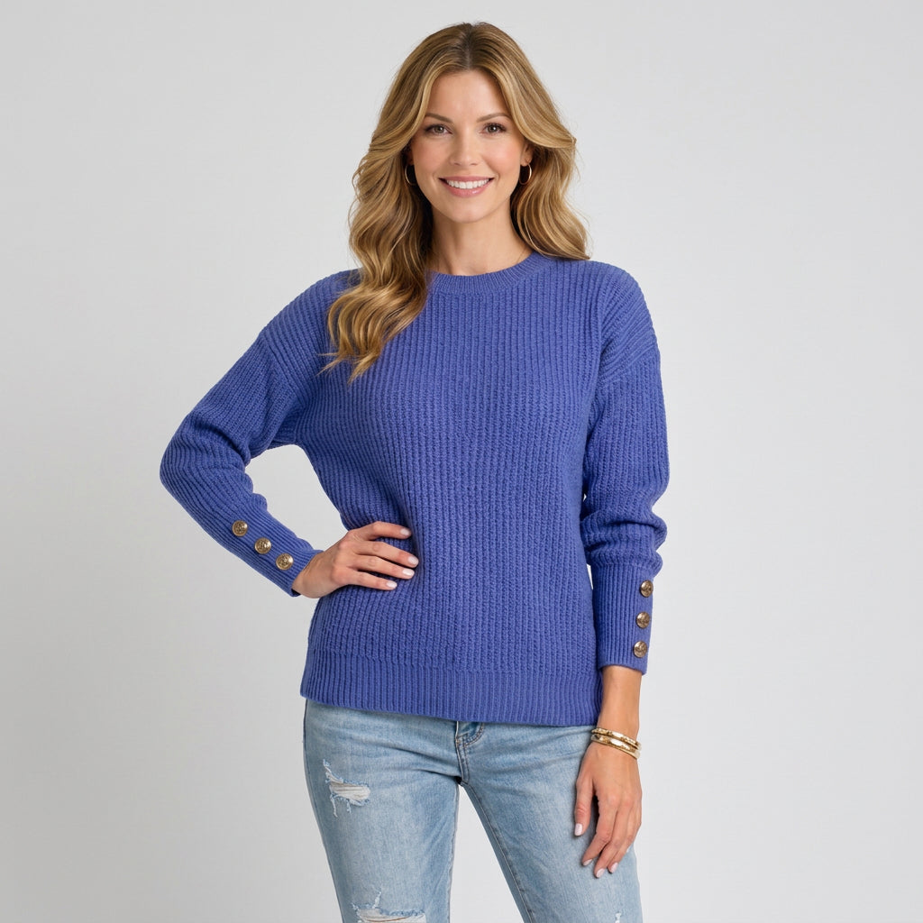 Women’s Ribbed Knit Sweater – Crew Neck Button Cuff Pullover