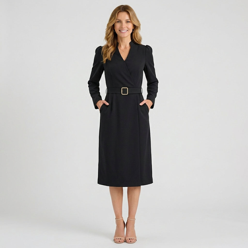 Women’s Belted Midi Sheath Dress – V Neck Sleeve Style