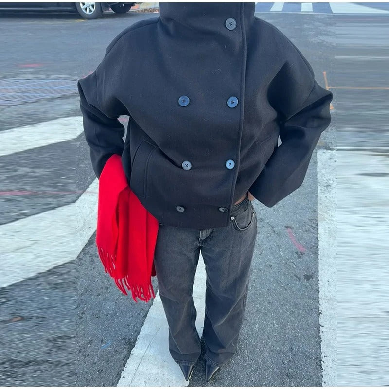 Women's Oversized Double-Breasted Coat with High Collar