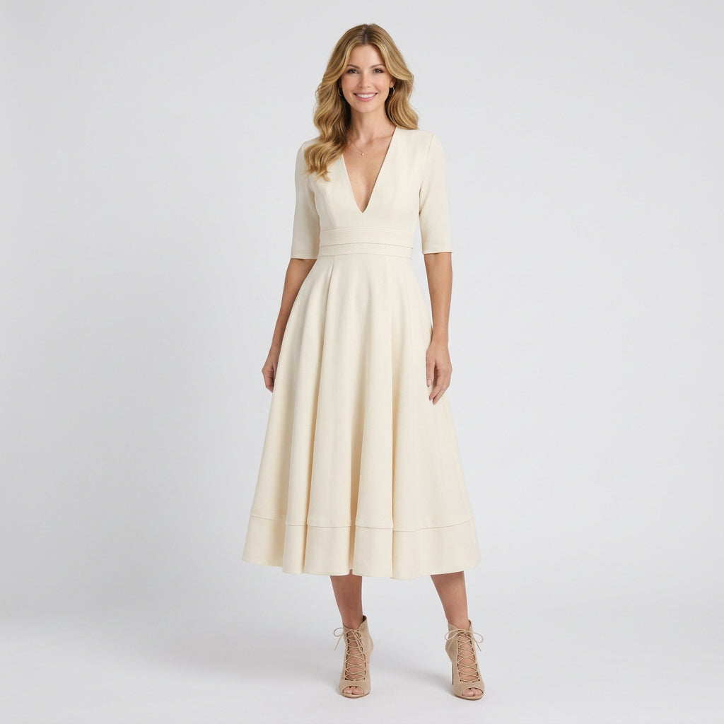 Women’s Midi Dress V Neck Fit and Flare – Short Sleeve Occasion Dress