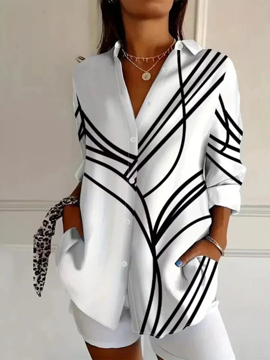 Abstract Line Print Collared Button-Up Shirt