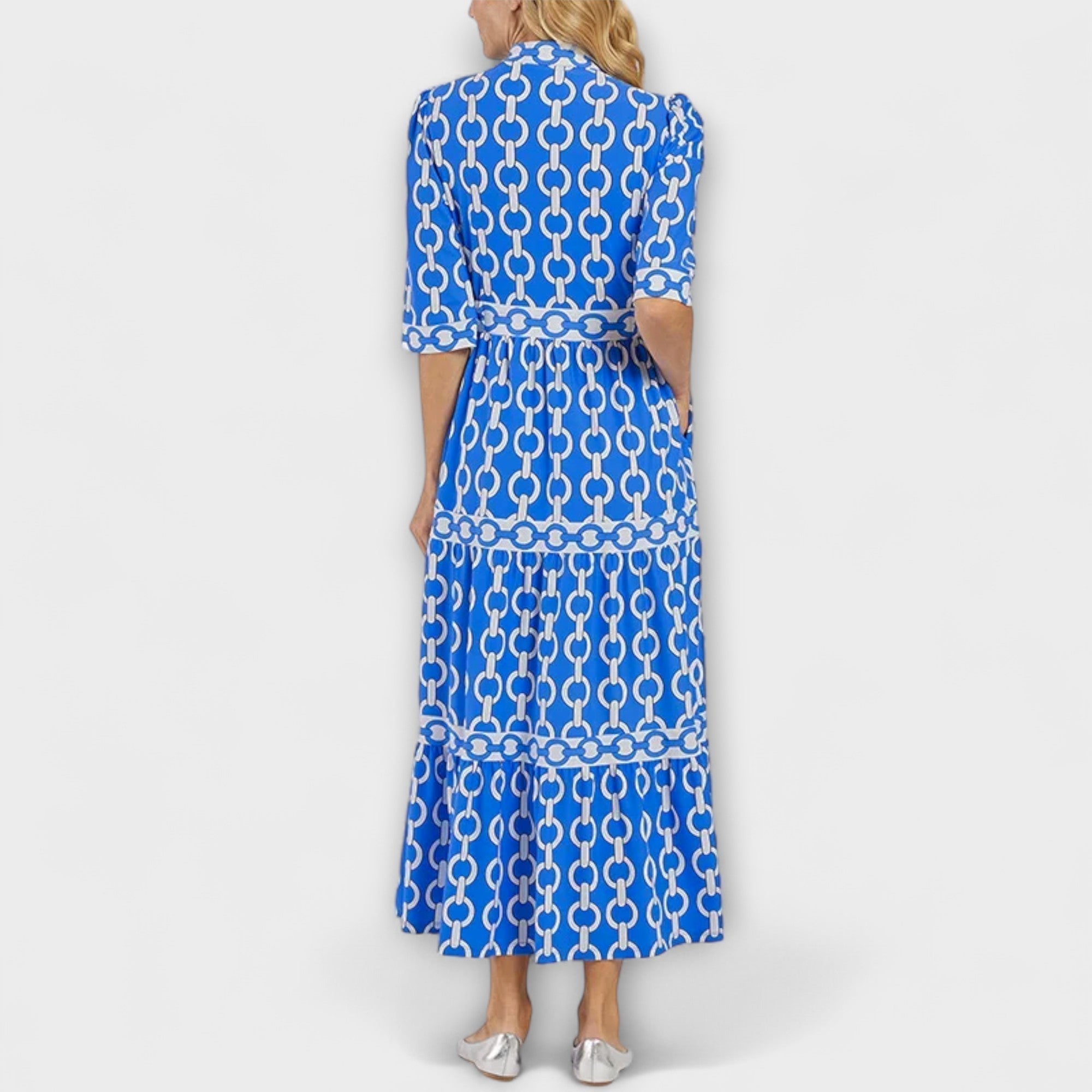 Chain Print Collared Tiered Midi Shirt Dress