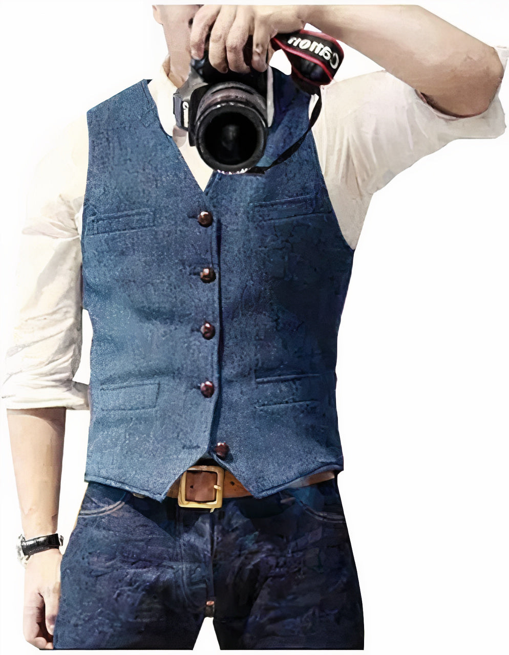 Vintage Denim Waistcoat with V-Neck and Button Front