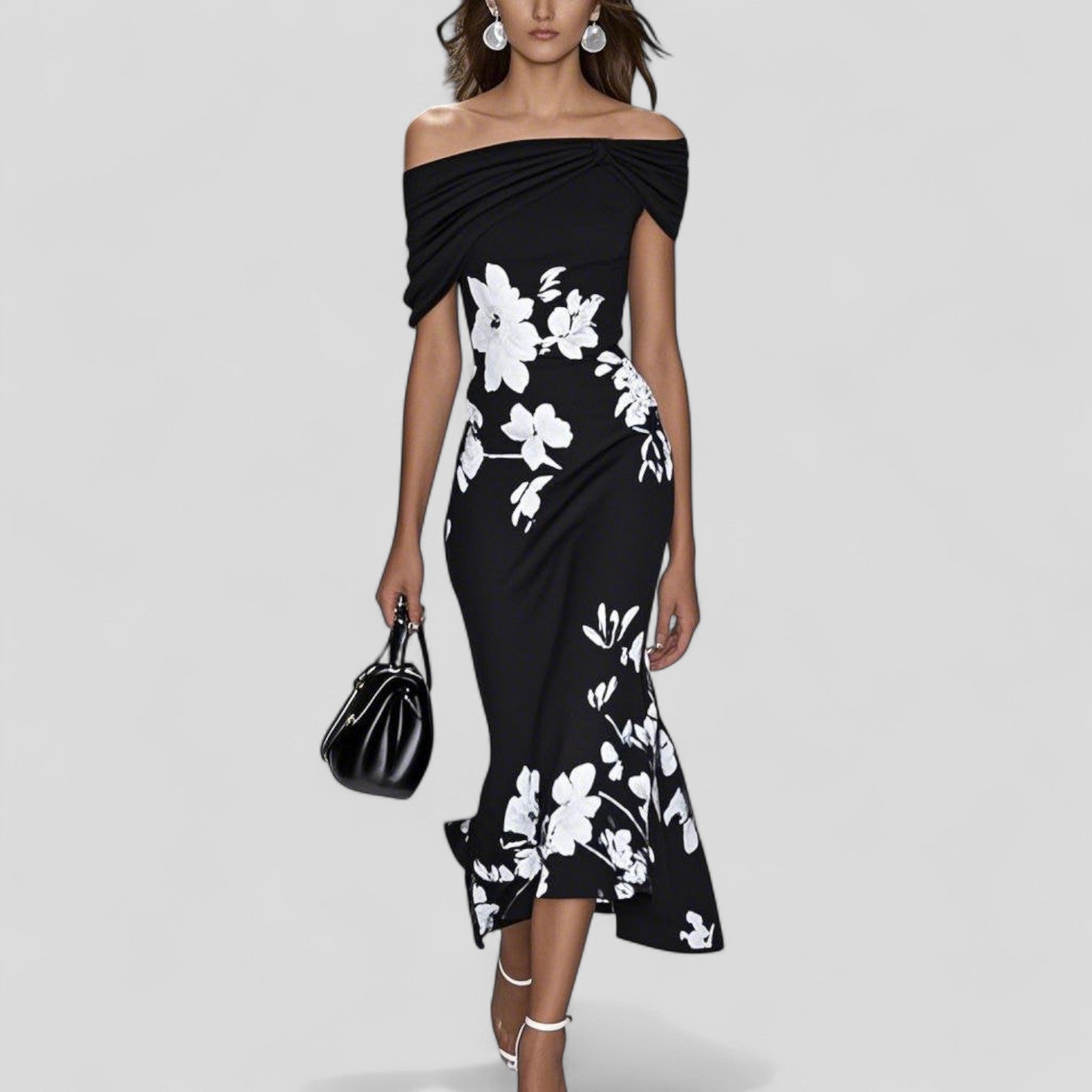 Floral Print Off-Shoulder Mermaid Midi Dress