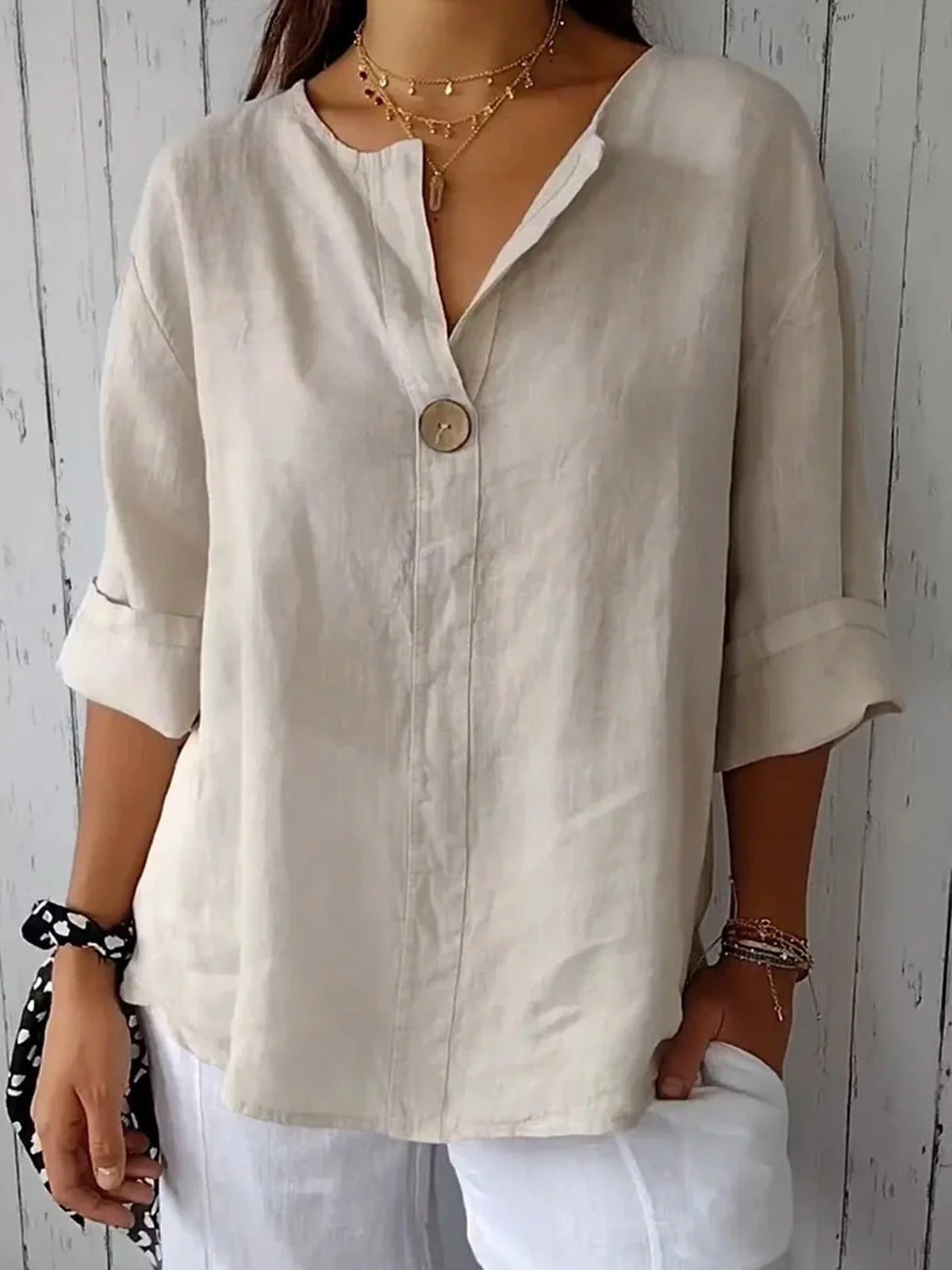 Notched V-Neck Single Button Oversized Blouse