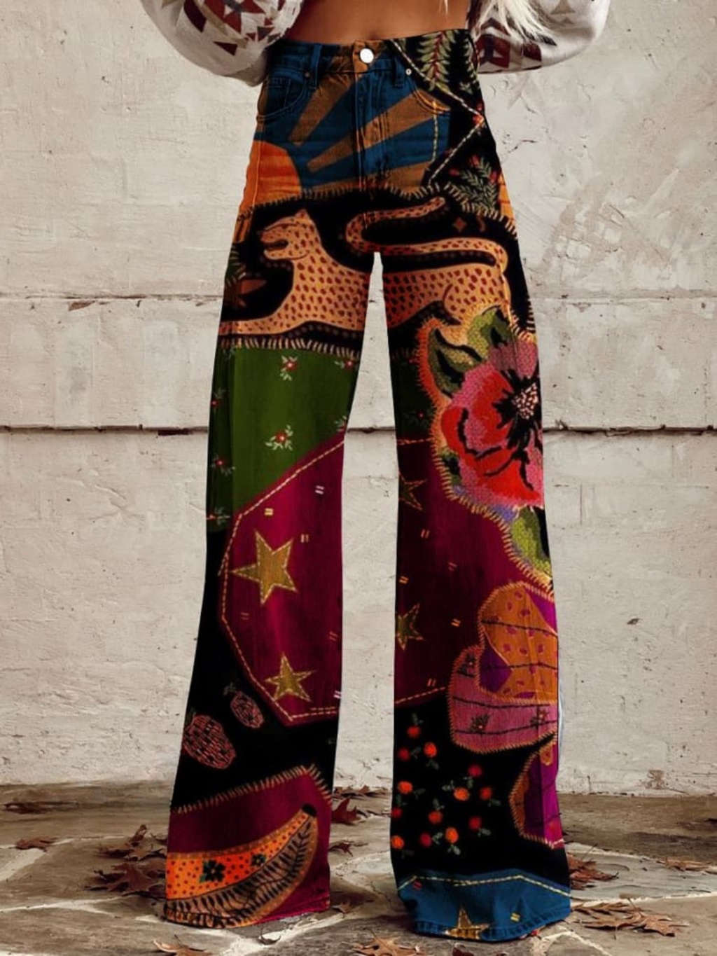 Patchwork Print Wide Leg Denim Trousers