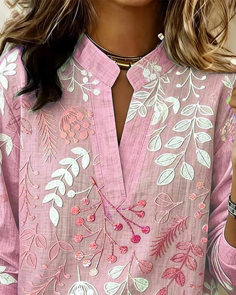 Botanical Print Notched Collar Long Sleeve Blouse
