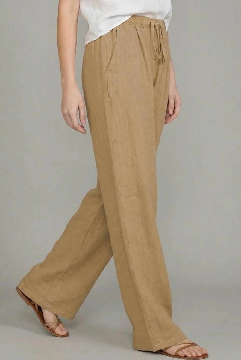 Wide Leg Linen Trousers with Drawstring Waist