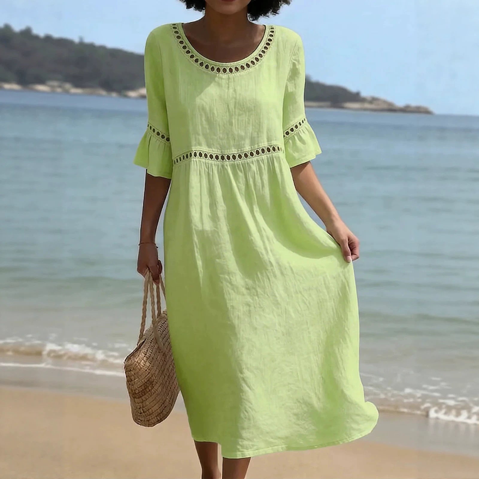 Linen Midi Dress with Hollow Out Trim and Flared Sleeves