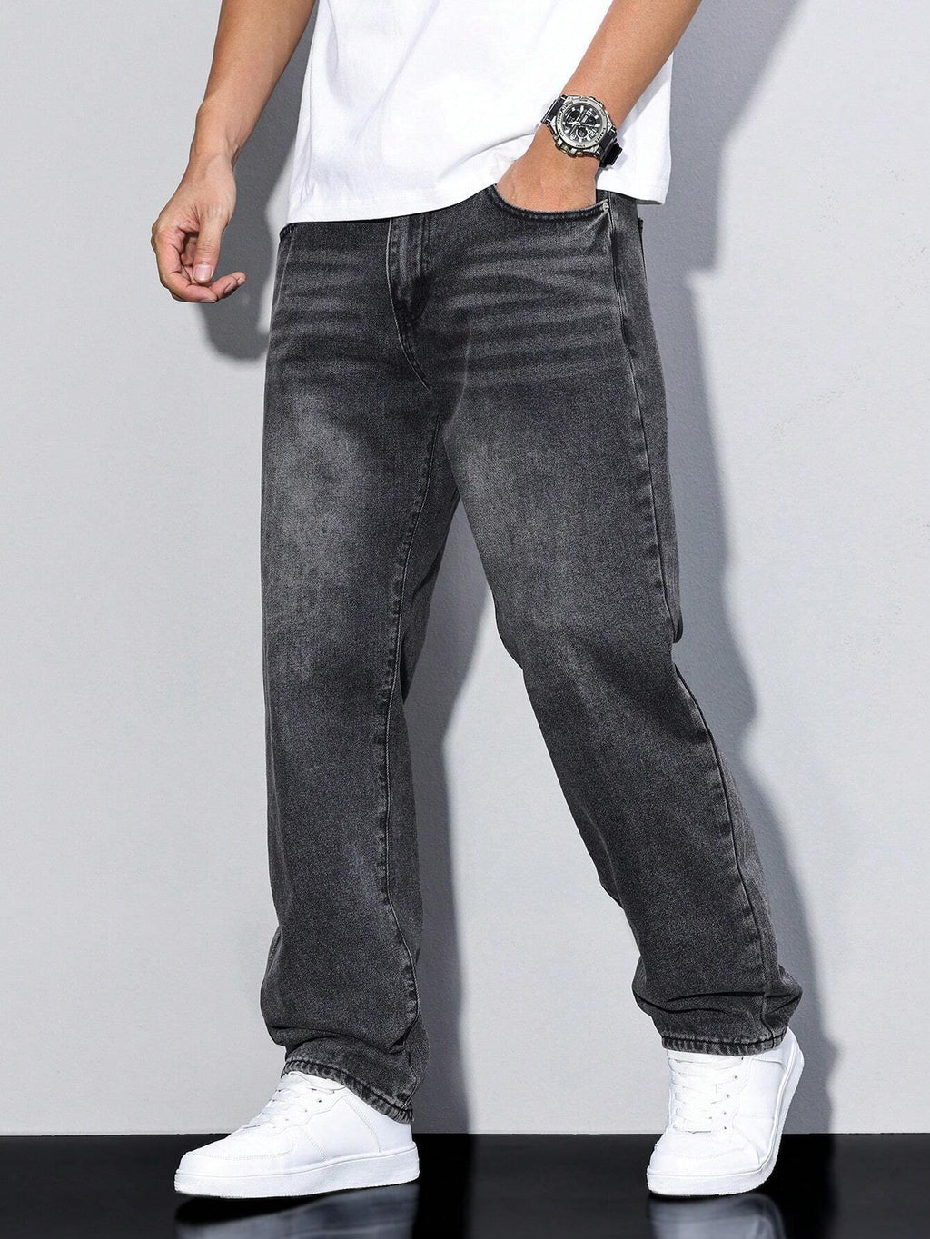 Relaxed Fit Straight Leg Jeans with Faded Wash