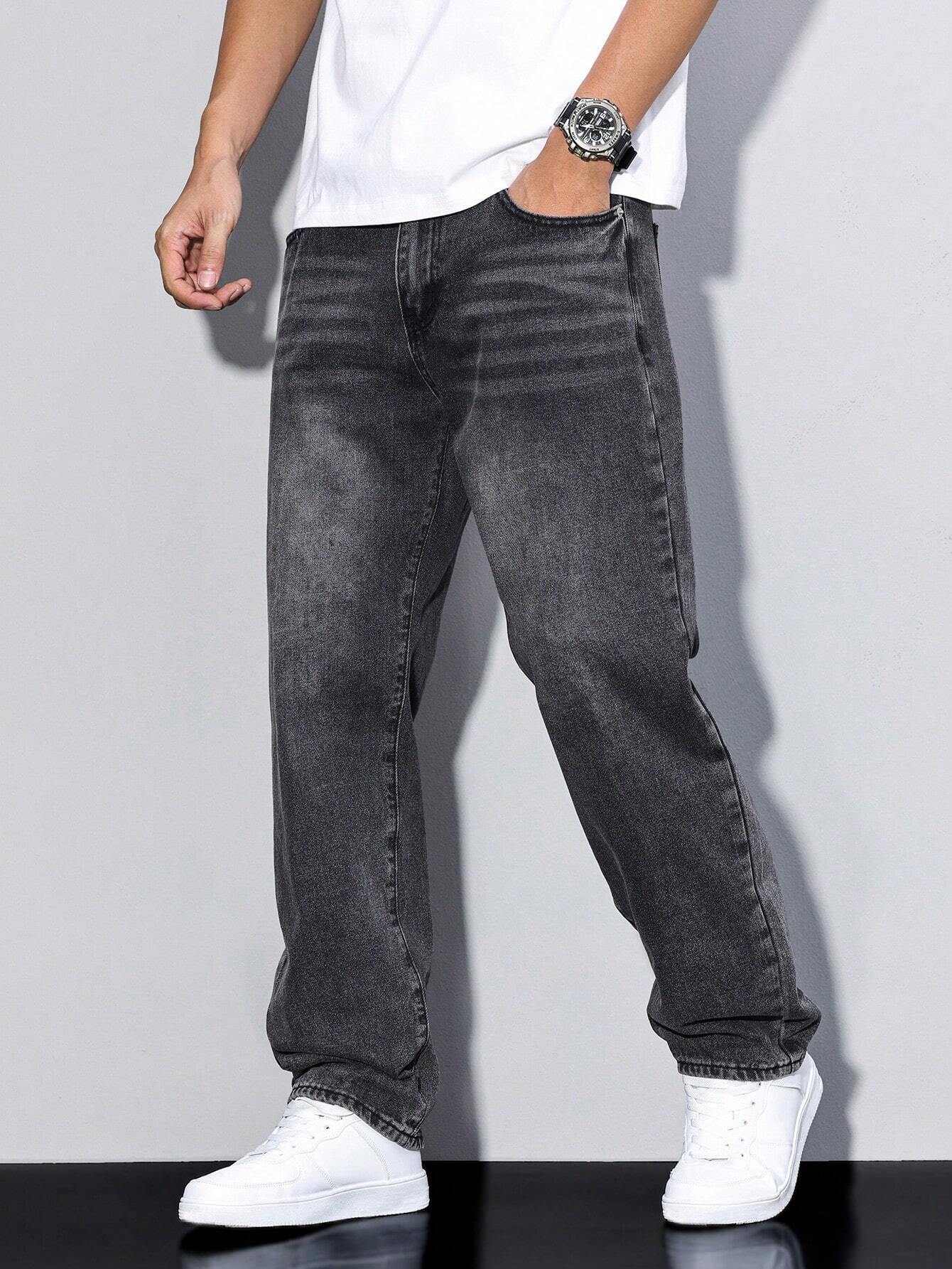 Relaxed Fit Straight Leg Jeans with Faded Wash