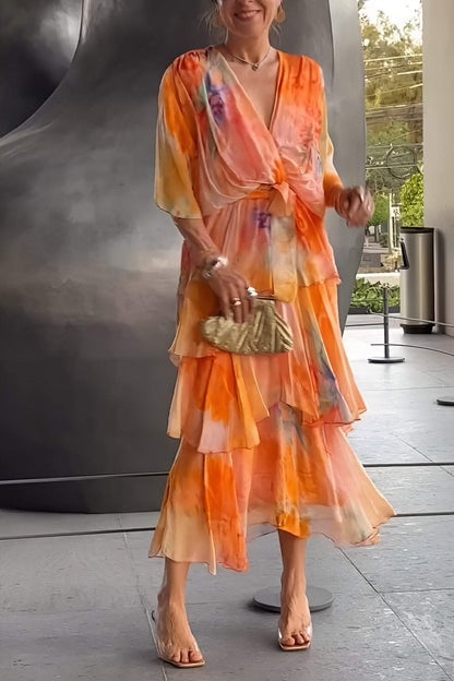 Watercolor Print Wrap Tiered Ruffle Maxi Dress