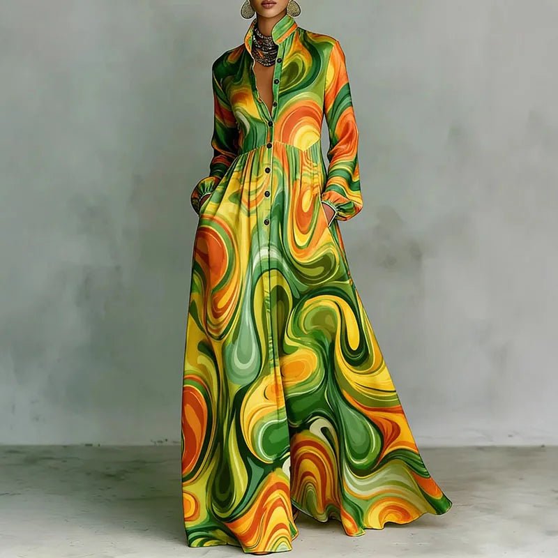 Geometric Print Button-Front Long Sleeve Maxi Dress