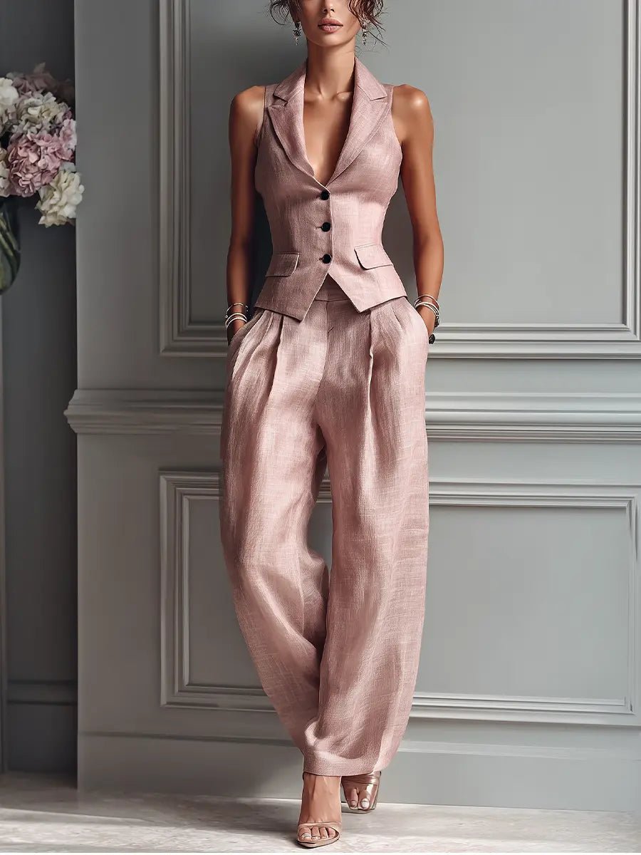 Tailored Sleeveless Vest and Wide Leg Trouser Suit Set