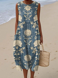 Floral Print Sleeveless Midi Dress with Side Pockets