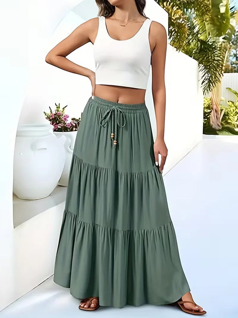 Tiered Maxi Skirt with Drawstring Tie Waist