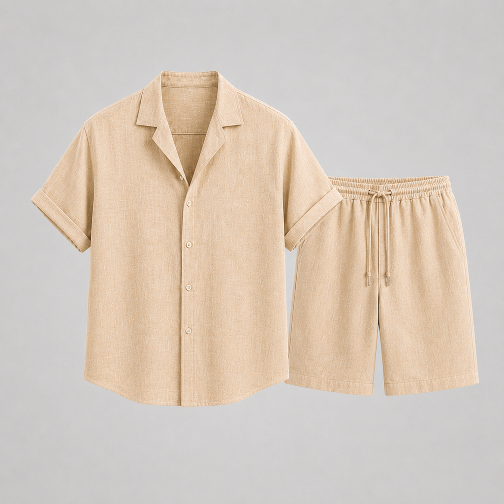 Textured Camp Collar Shirt and Shorts Two Piece Set