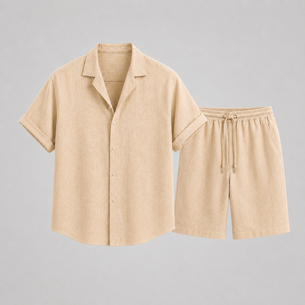 Textured Camp Collar Shirt and Shorts Two Piece Set