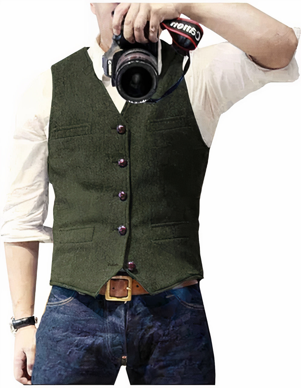 Vintage Denim Waistcoat with V-Neck and Button Front