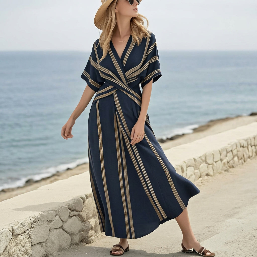 Striped Wrap Front Maxi Dress with V-Neckline