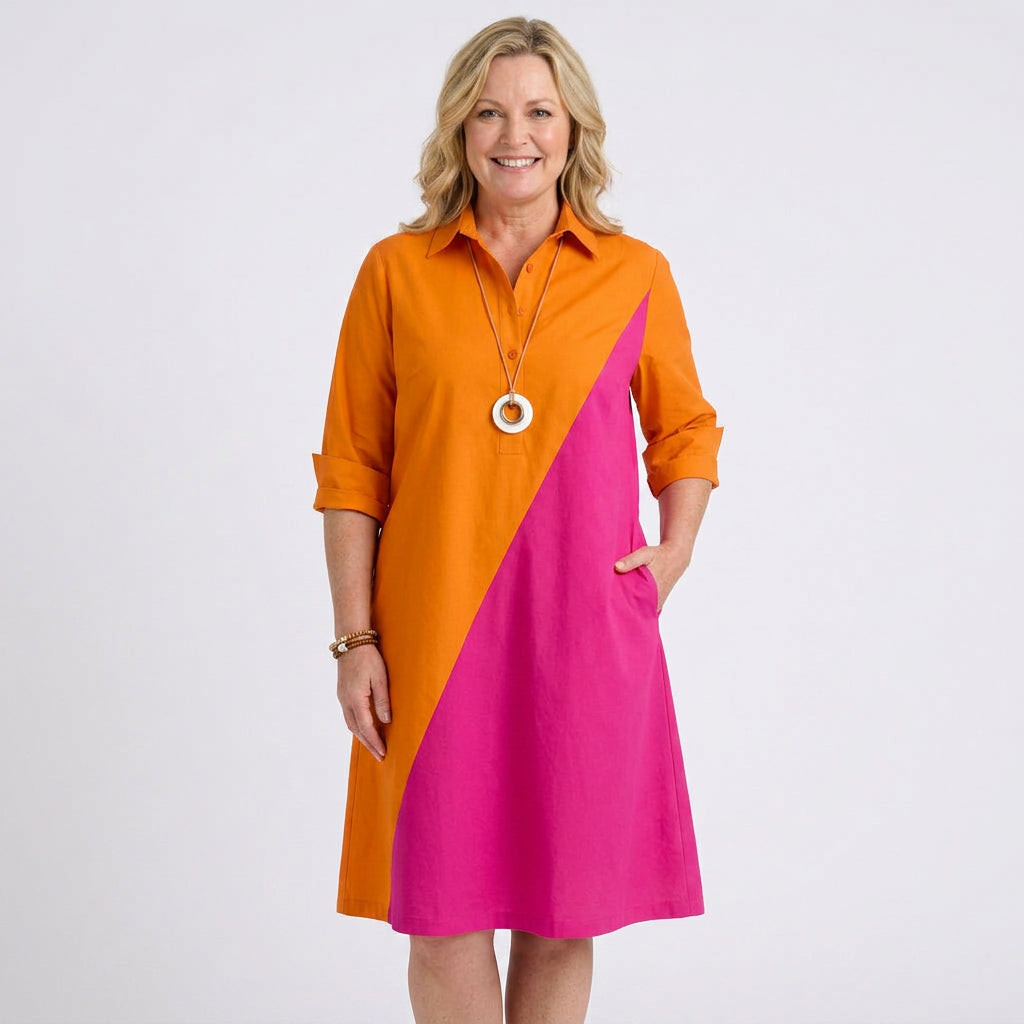 Women's Colour Block Shirt Midi Dress