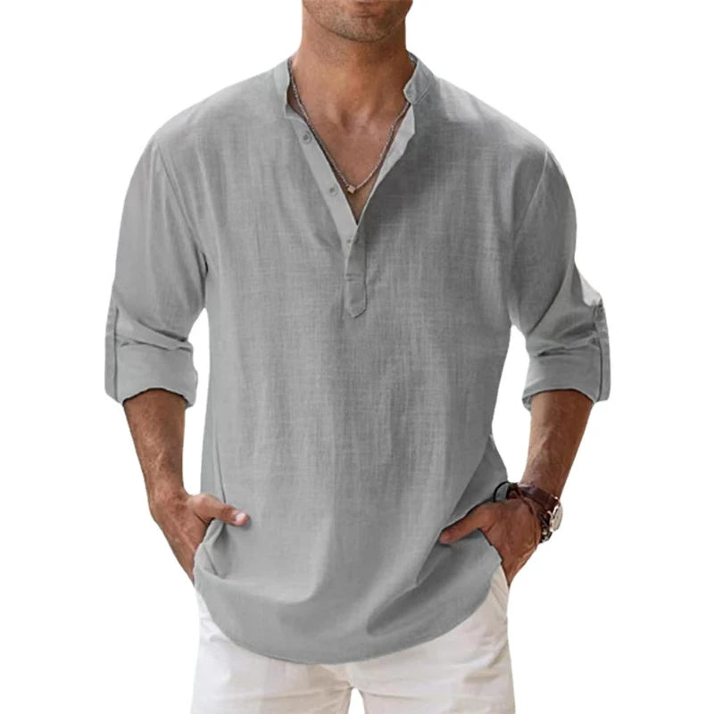 Long Sleeve Linen Henley Shirt with Band Collar
