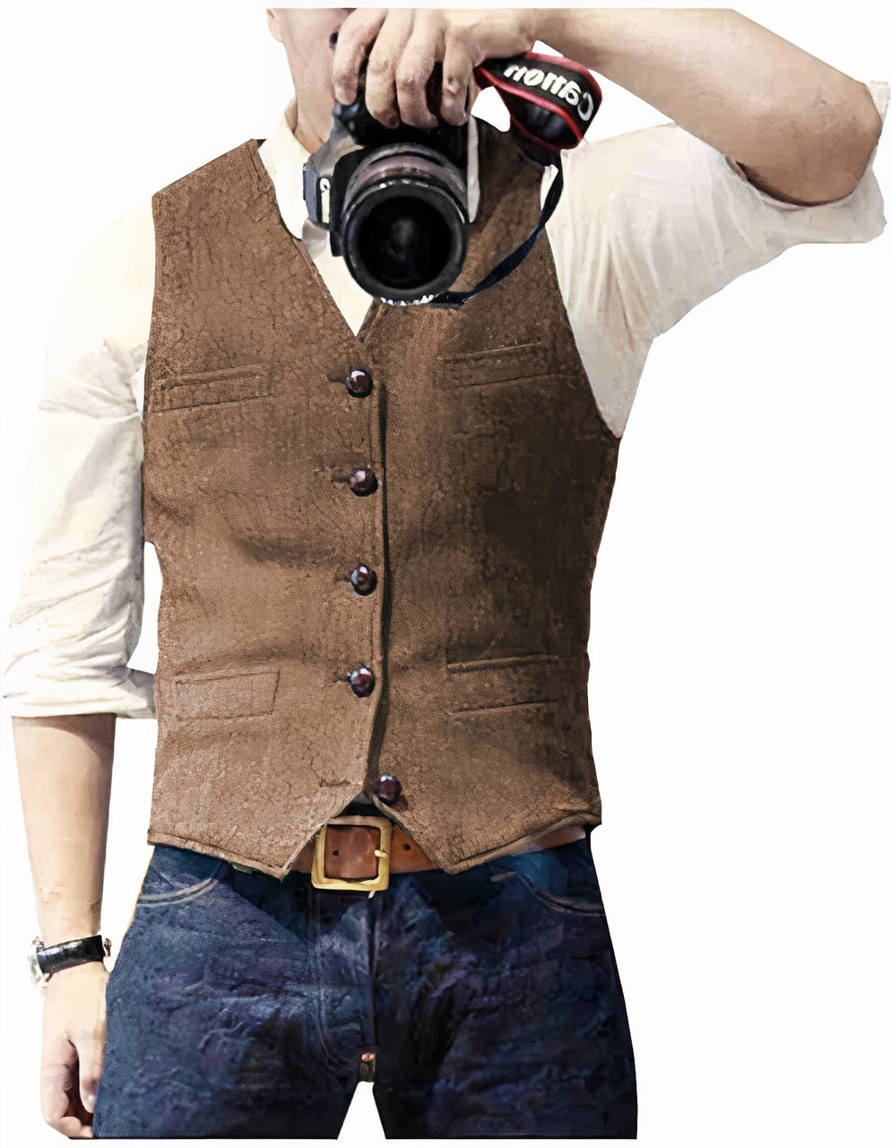 Vintage Denim Waistcoat with V-Neck and Button Front