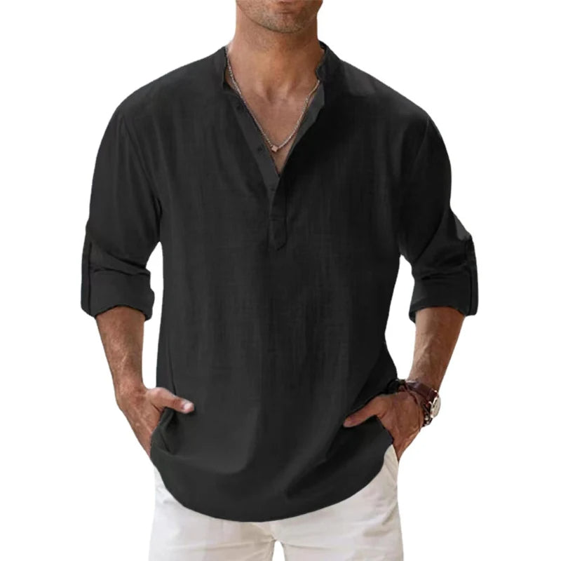 Chemise Henley en lin à manches longues avec col officier