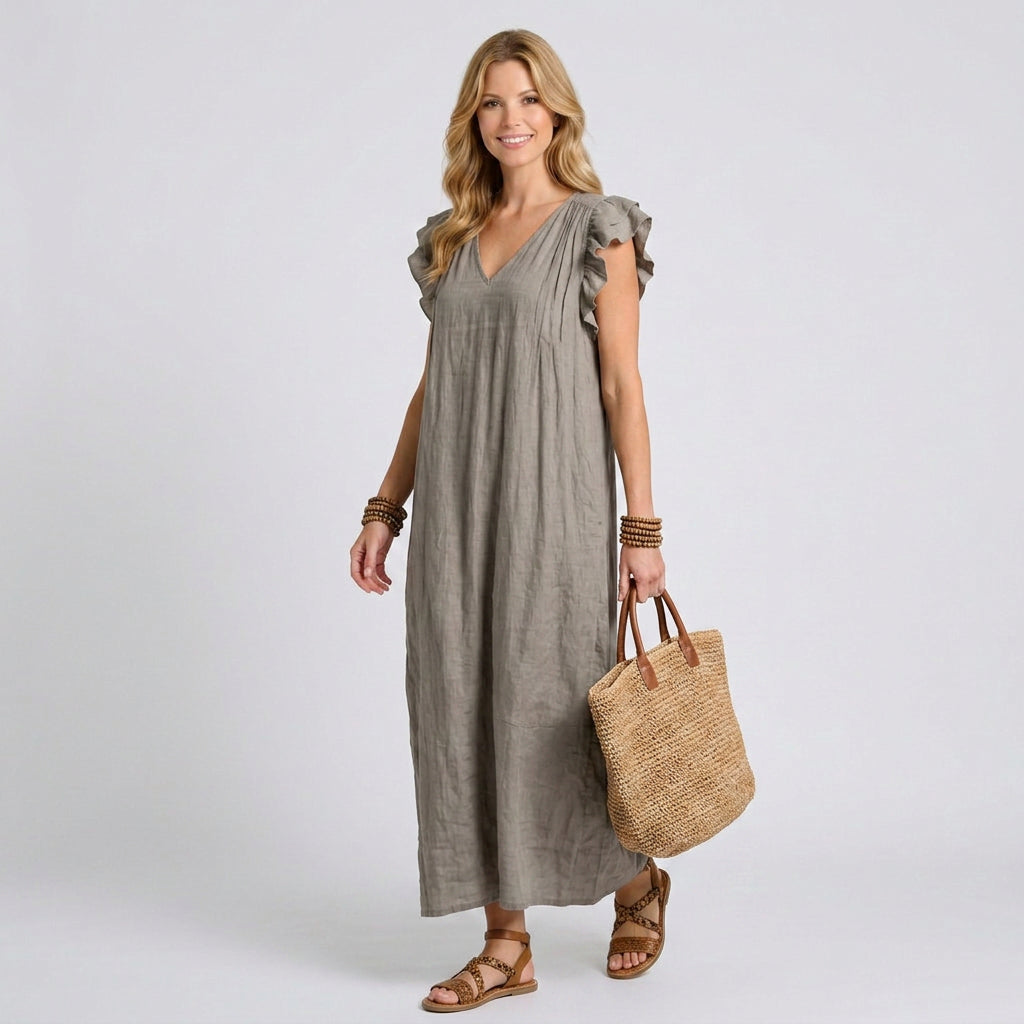 Ruffle V-Neck Linen Maxi Dress with Pockets
