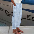 Striped Button-Trim Cropped Wide-Leg Trousers