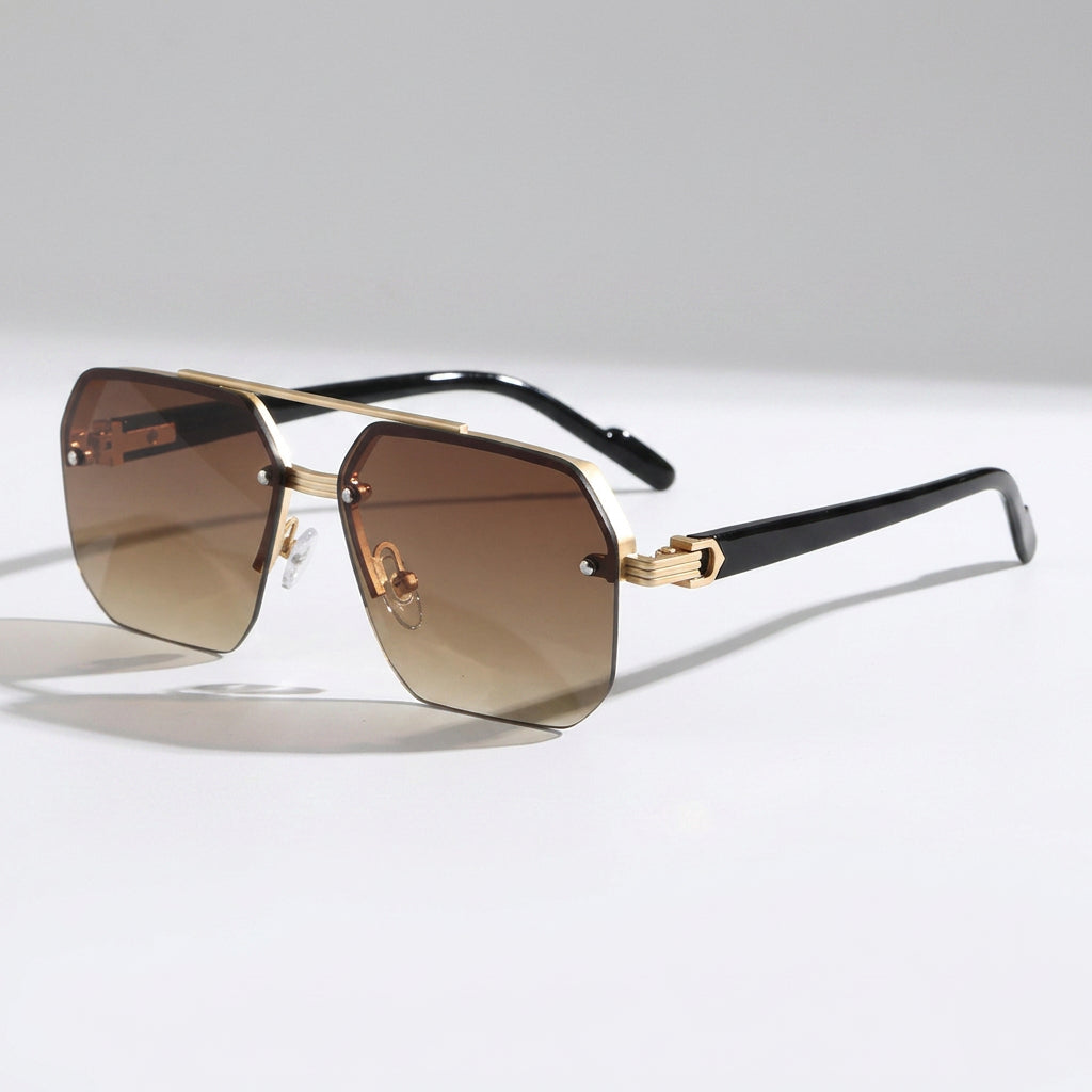 Rimless Geometric Sunglasses with Gold Double Bridge