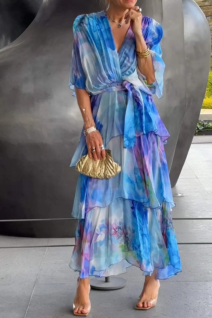 Watercolor Print Wrap Tiered Ruffle Maxi Dress