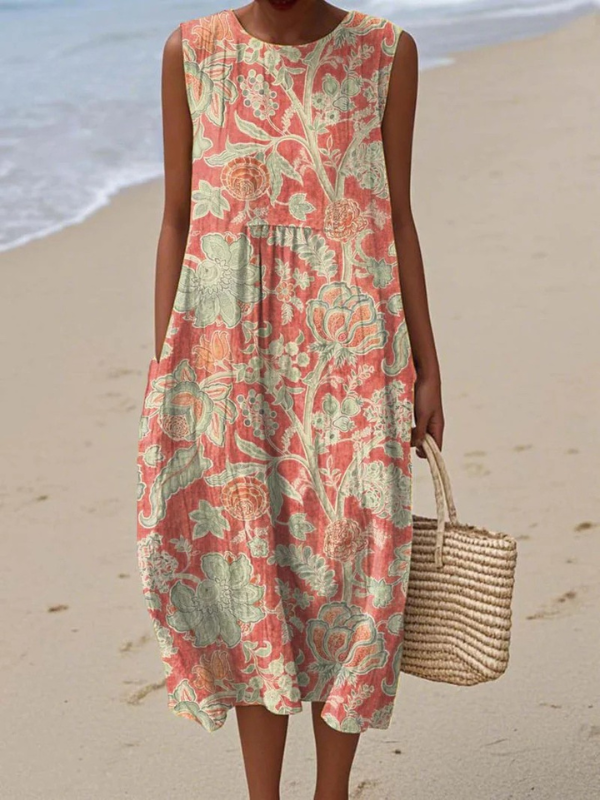 Robe midi sans manches à imprimé abstrait, avec poches latérales