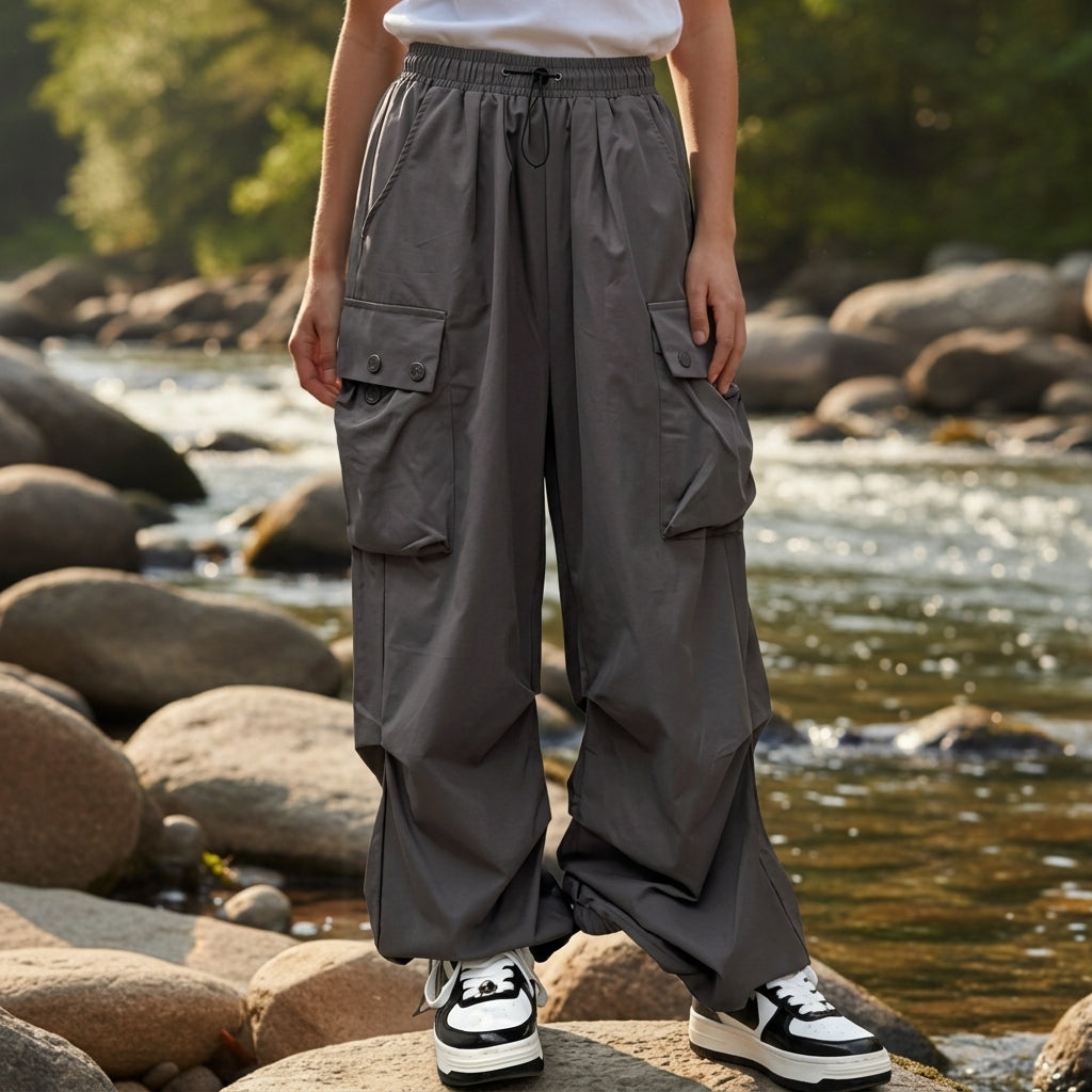 Drawstring Cargo Parachute Pants with Cinched Ankle