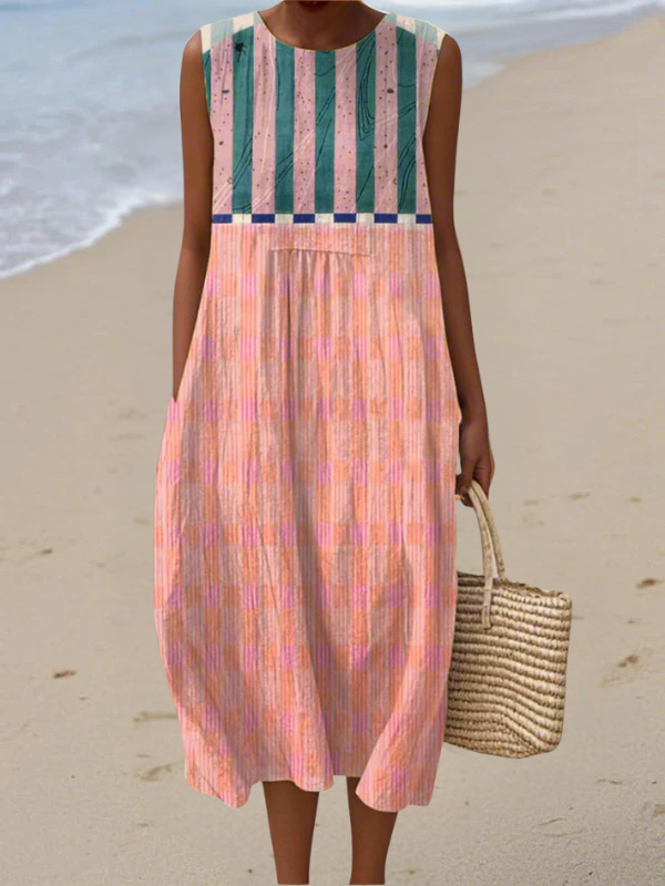 Robe midi sans manches à imprimé abstrait, avec poches latérales