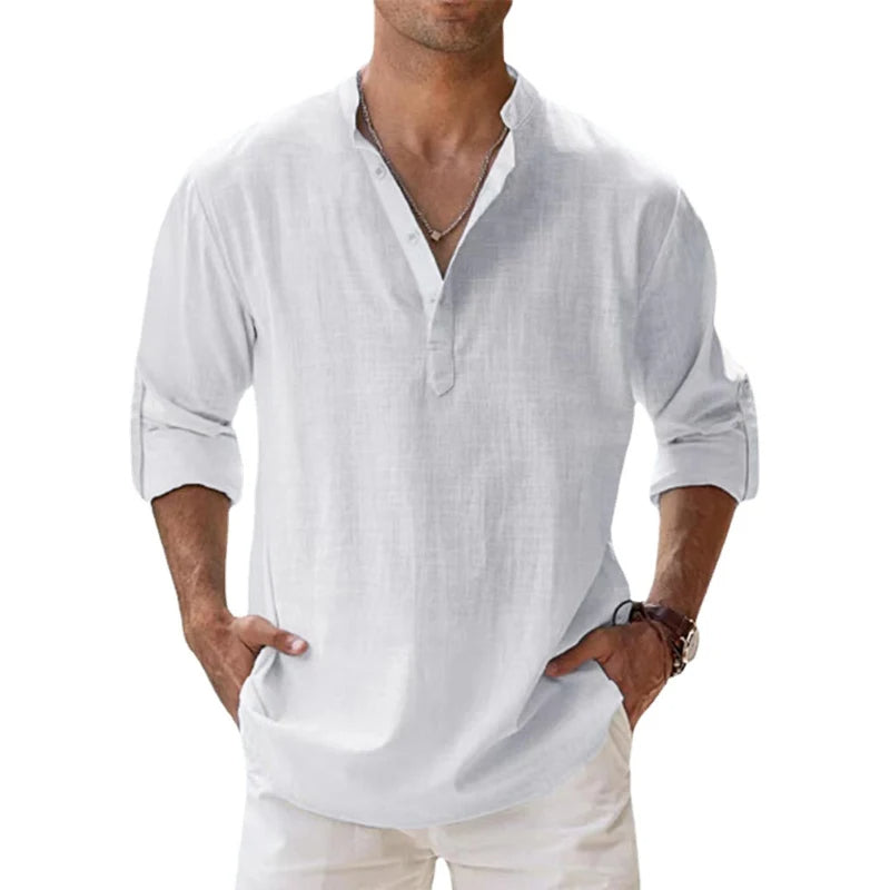 Chemise Henley en lin à manches longues avec col officier