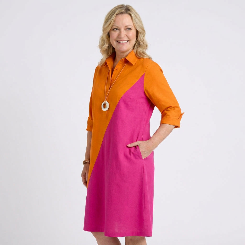 Women's Colour Block Shirt Midi Dress
