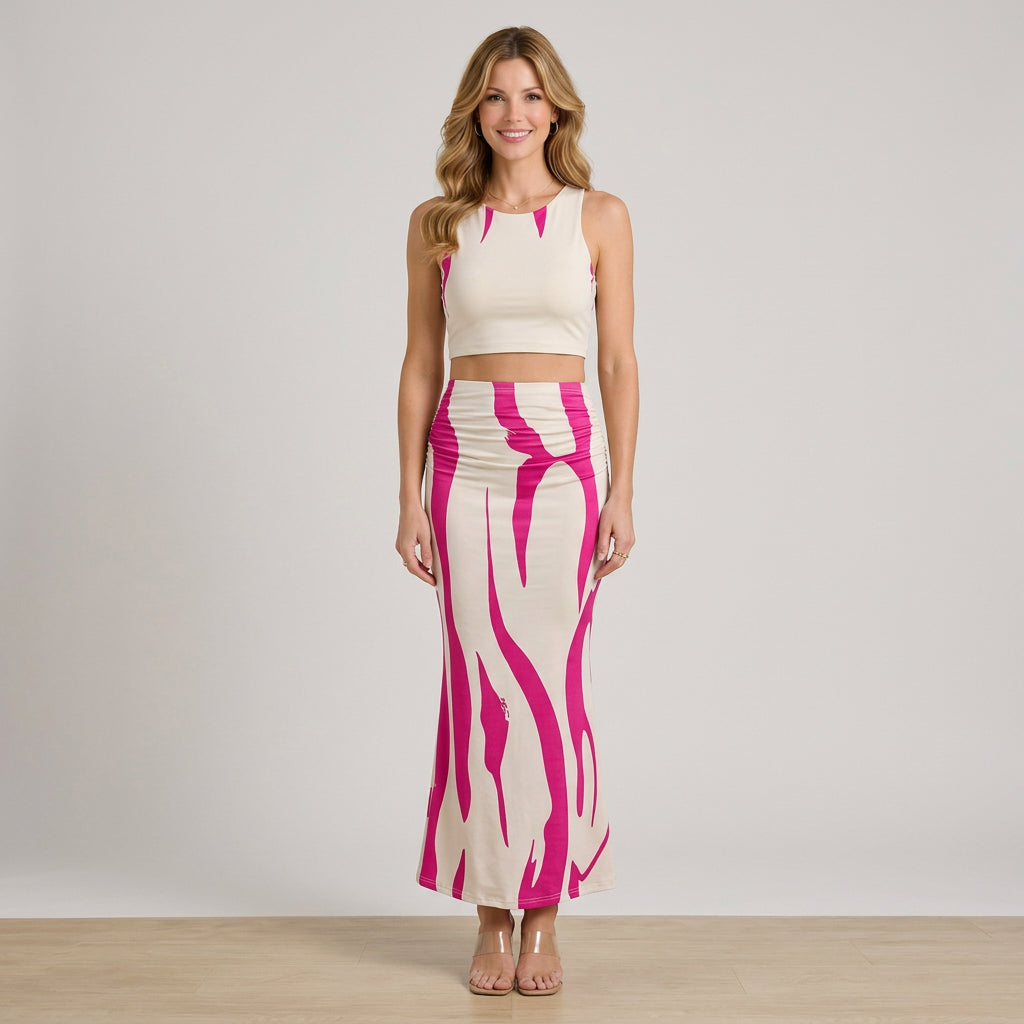 Women’s Two Piece Skirt Set Sleeveless Crop Top – Printed Maxi Skirt Outfit