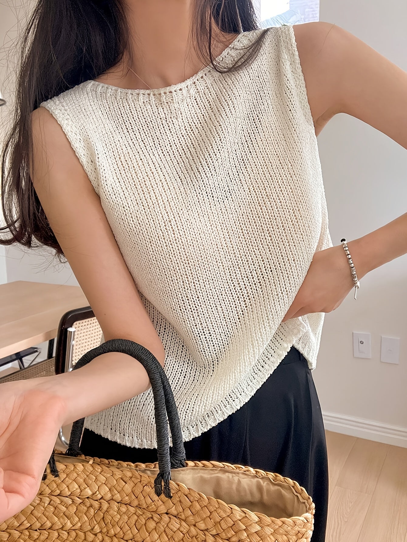 Open Knit Sleeveless Round Neck Tank Top