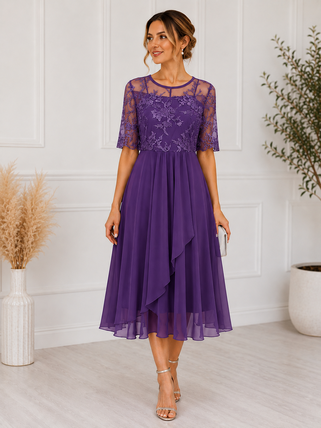 Robe midi à corsage en dentelle et jupe superposée en mousseline