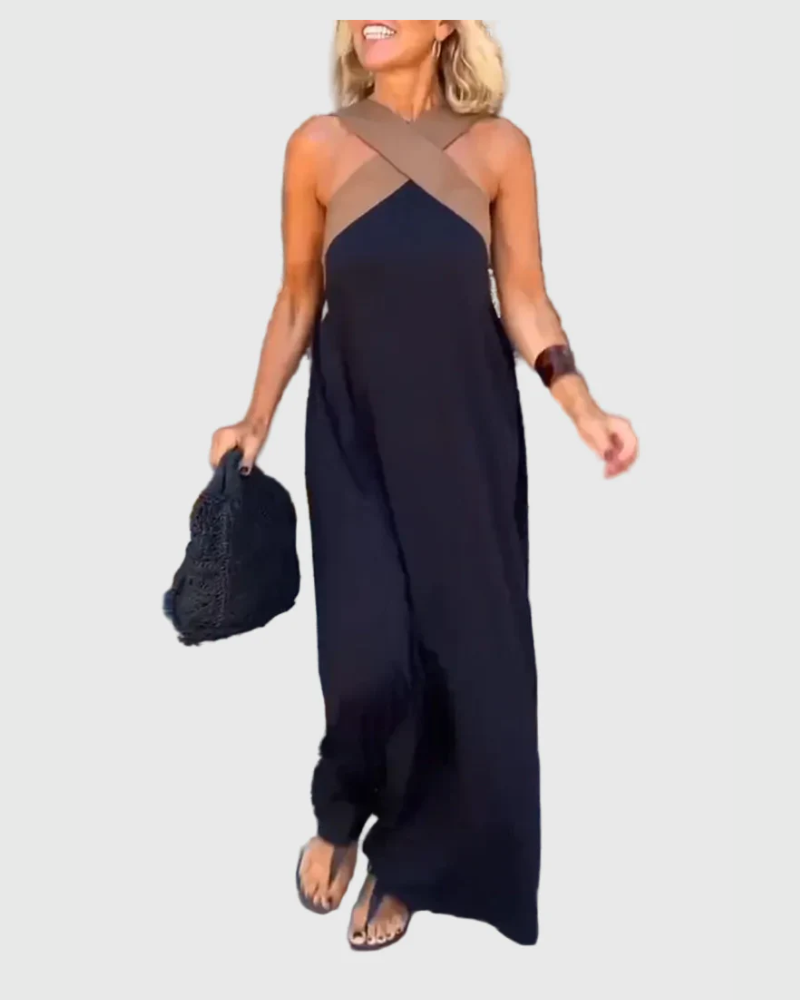 Criss Cross Halter Neck Contrast Maxi Dress