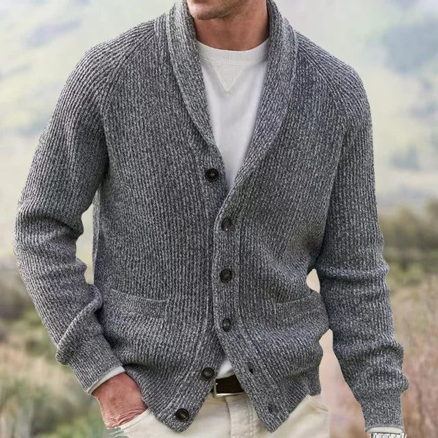 Men's textured knit cardigan with shawl neckline, buttons and patch pockets